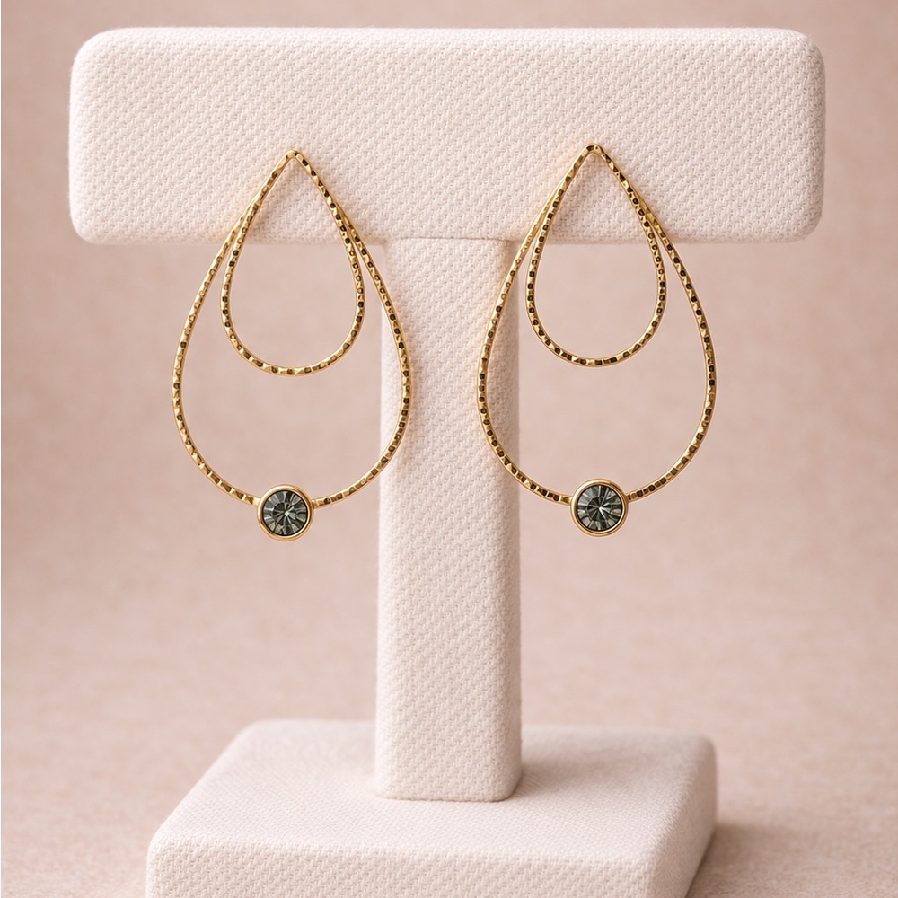 Gold Tone Double Teardrop Earrings Rhinestone Minimalist Dangle Elegant Modern